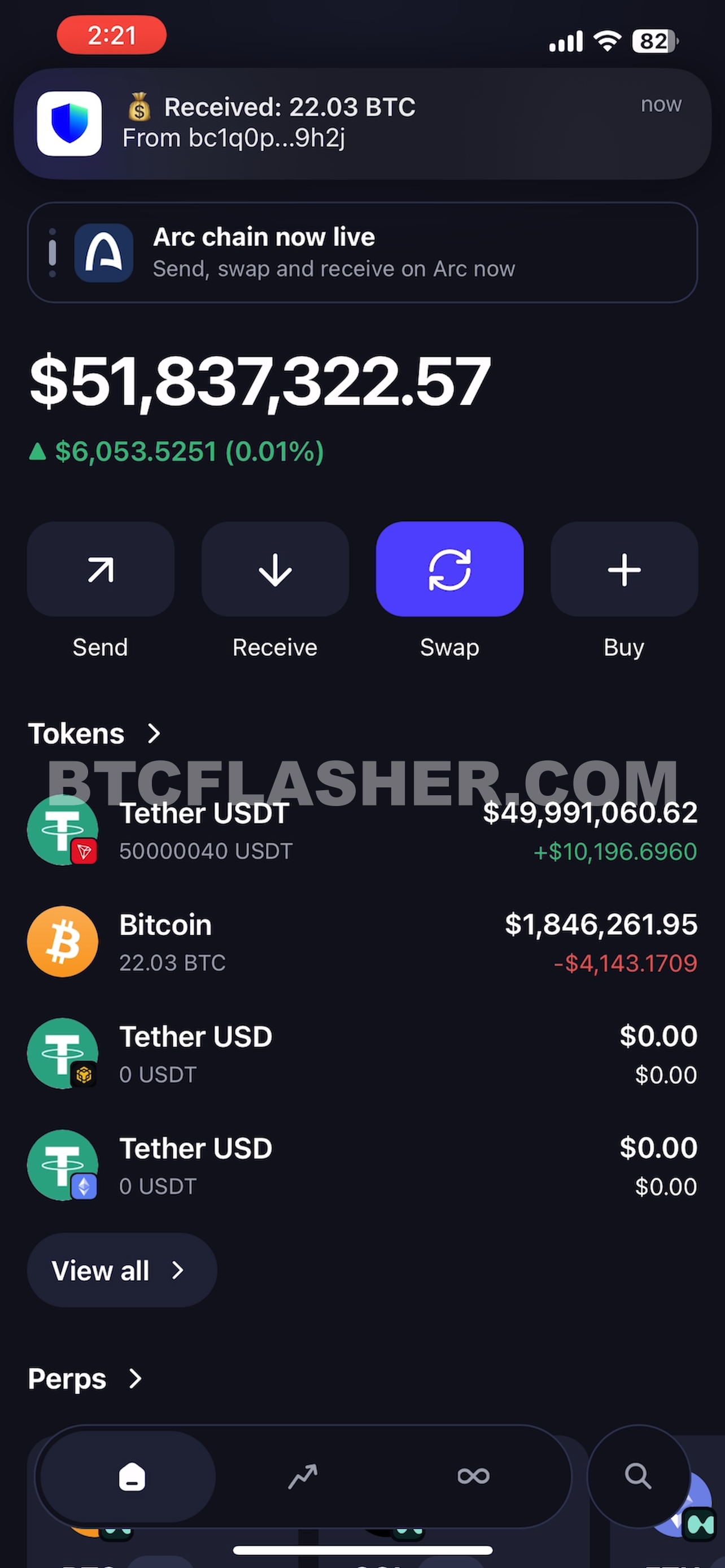 BTC Flashing demonstration showing a Bitcoin balance in a mobile wallet