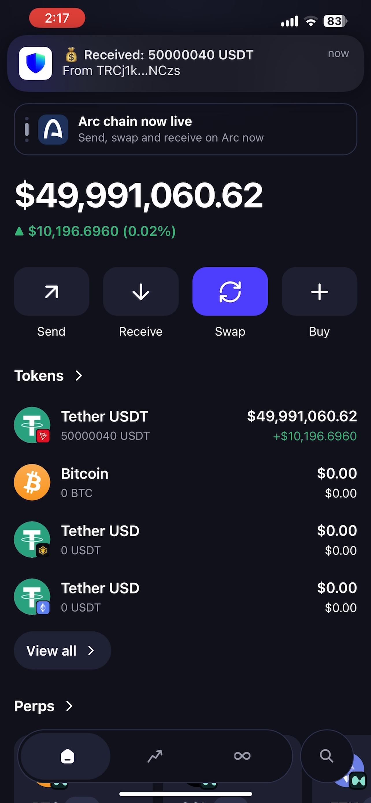 USDT flashing demonstration showing a USDT balance in a mobile wallet
